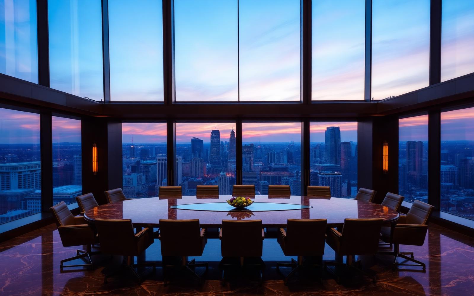 Boardroom overlooking city skyline